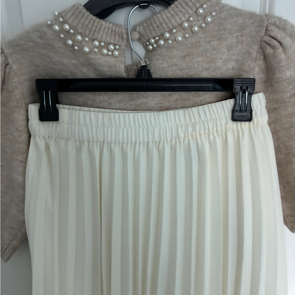 NWT Joie Beige Sweater with Pearl Accents and white cream midi skirt holiday out - Picture 7 of 7